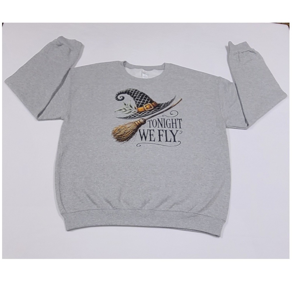 Tonight We Fly Witch Hat Broomstick Gray Sweatshirt Medium
